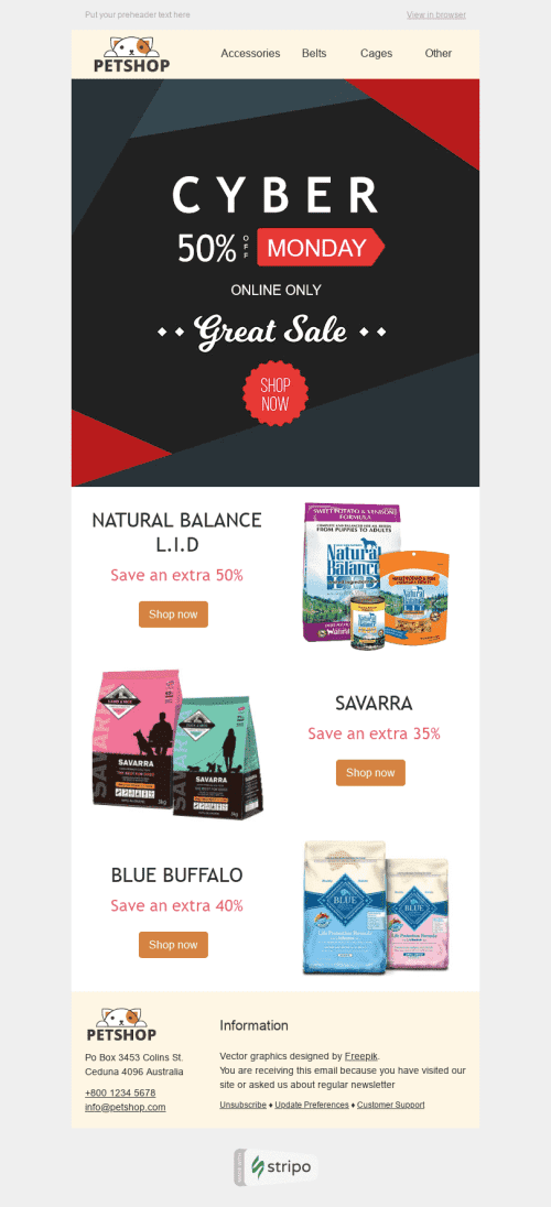Modelo de E-mail de «Kit Delicioso» de Cyber Monday para a indústria de Animais de estimação Visualização de dispositivo móvel