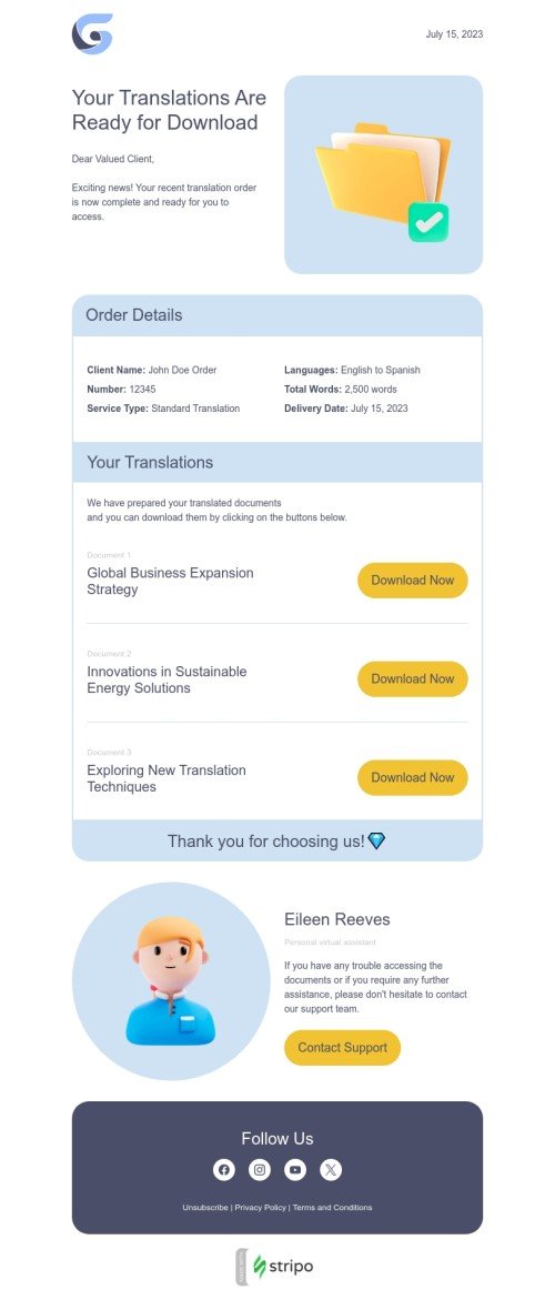Order confirmation email template "Your translations are ready" for translation industry mobile view